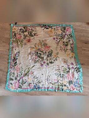 Floral 100% Pure Silk Square Scarf in Cream and Aqua